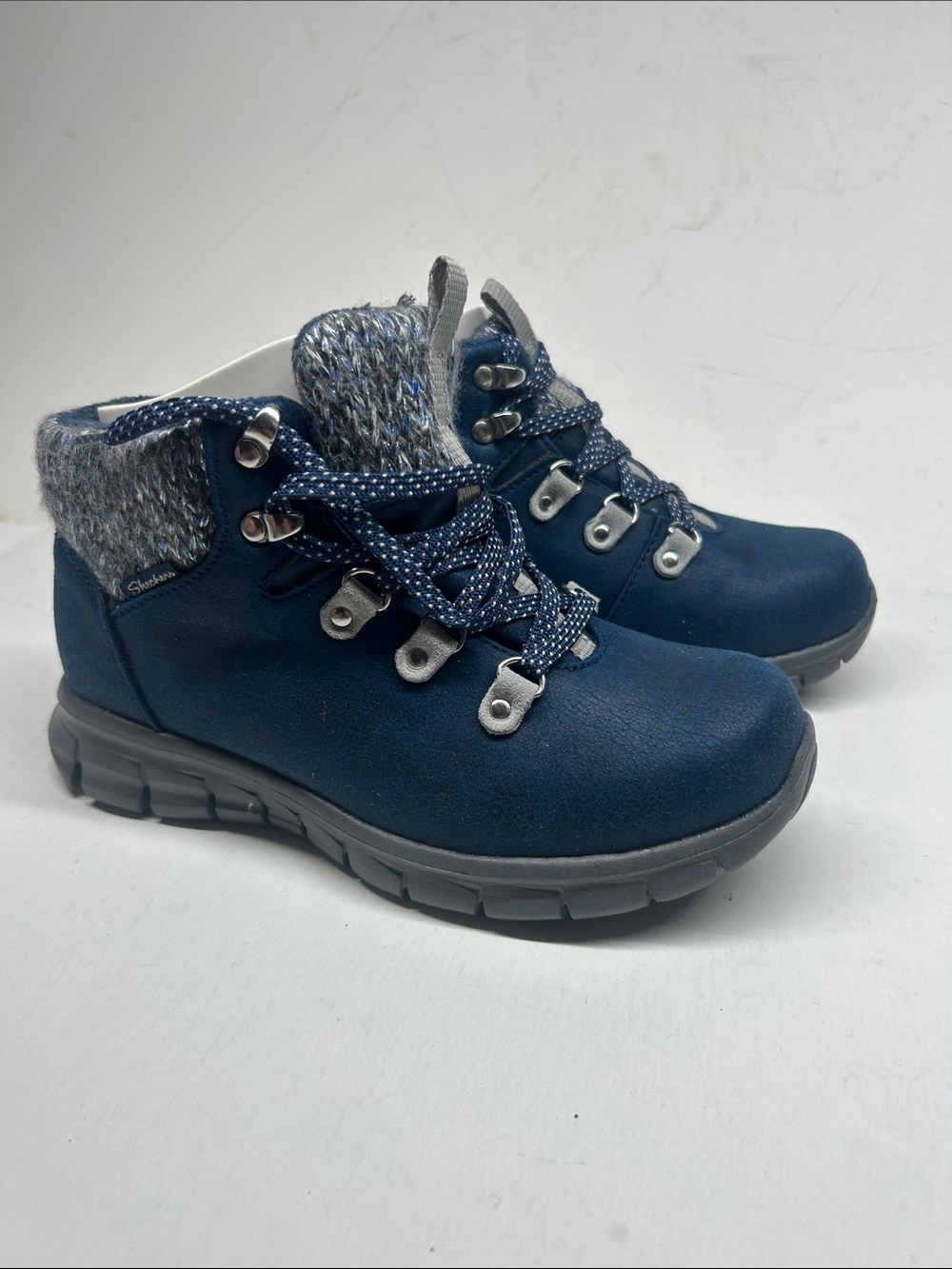 Skechers Navy Blue Kids Lace-Up Knit Collar Boots
